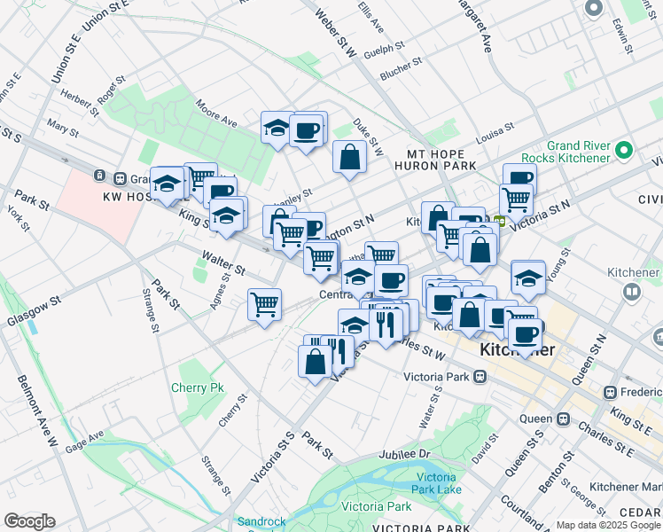 map of restaurants, bars, coffee shops, grocery stores, and more near in Kitchener