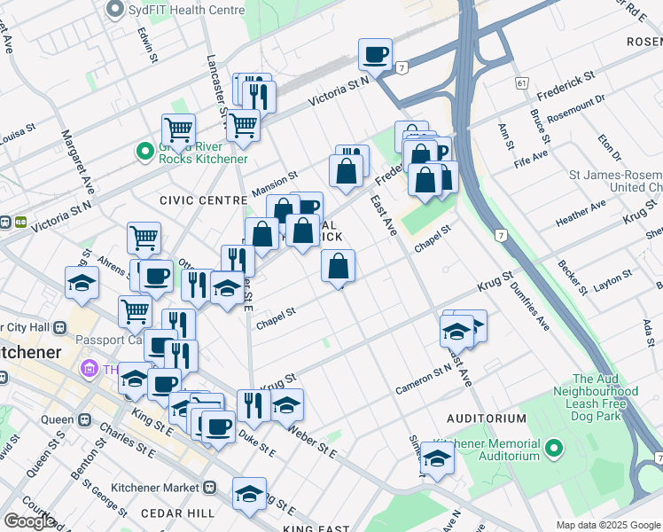 map of restaurants, bars, coffee shops, grocery stores, and more near 33 Simeon Street in Kitchener
