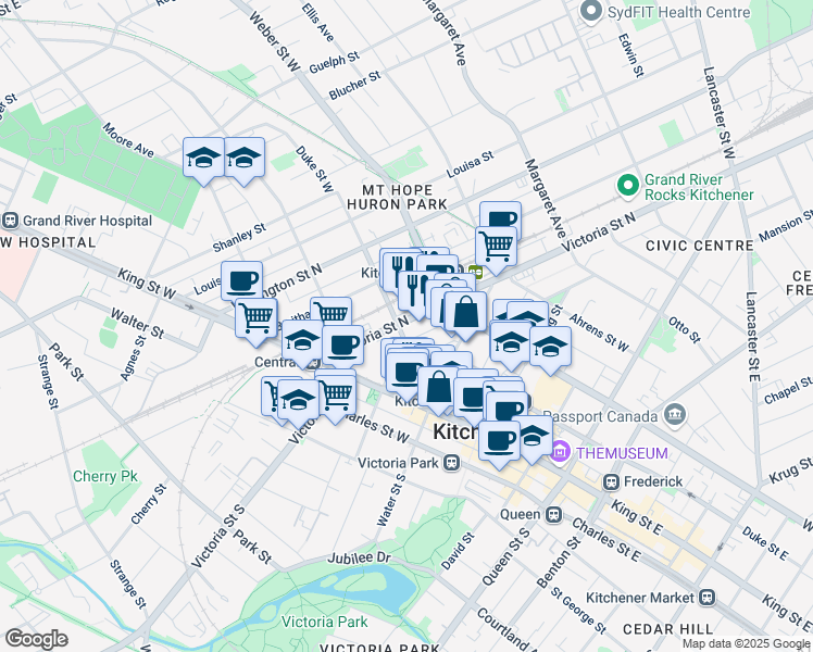 map of restaurants, bars, coffee shops, grocery stores, and more near 45 Victoria Street North in Kitchener