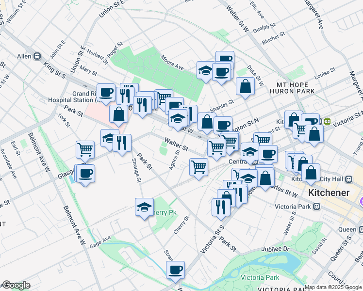 map of restaurants, bars, coffee shops, grocery stores, and more near 5 Wellington Street South in Kitchener