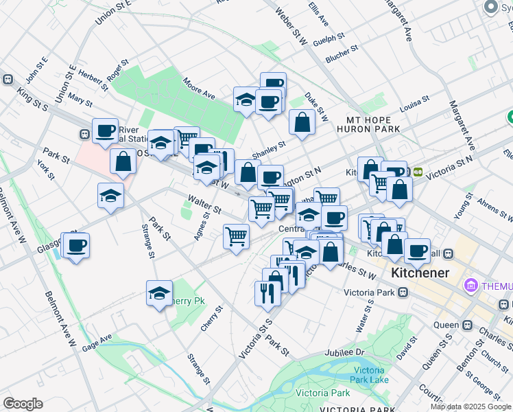map of restaurants, bars, coffee shops, grocery stores, and more near 22 Wellington Street South in Kitchener