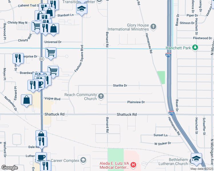 map of restaurants, bars, coffee shops, grocery stores, and more near 3196 Barnard Road in Saginaw
