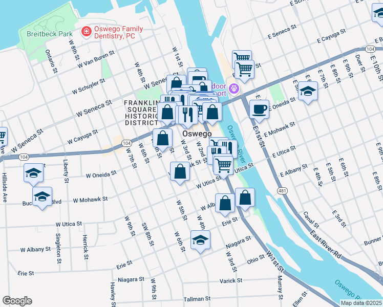 map of restaurants, bars, coffee shops, grocery stores, and more near in Oswego