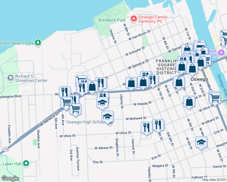 map of restaurants, bars, coffee shops, grocery stores, and more near 166 West Bridge Street in Oswego