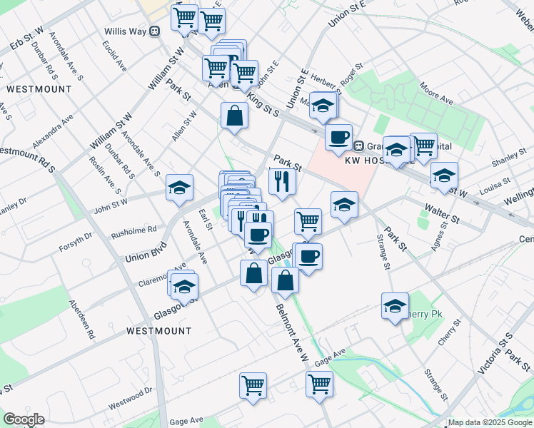 map of restaurants, bars, coffee shops, grocery stores, and more near 129 Mount Hope Street in Kitchener