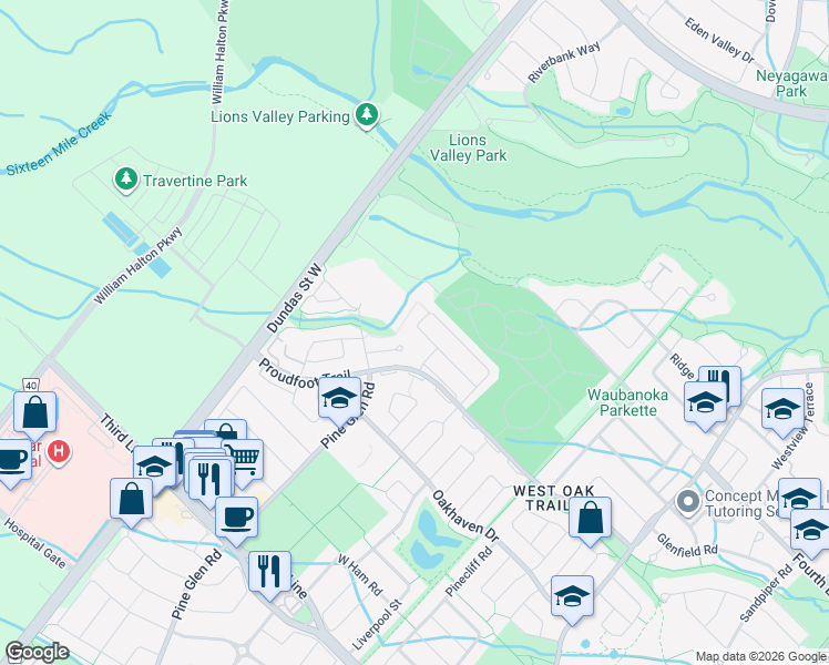 map of restaurants, bars, coffee shops, grocery stores, and more near 2501 Falkland Crescent in Oakville
