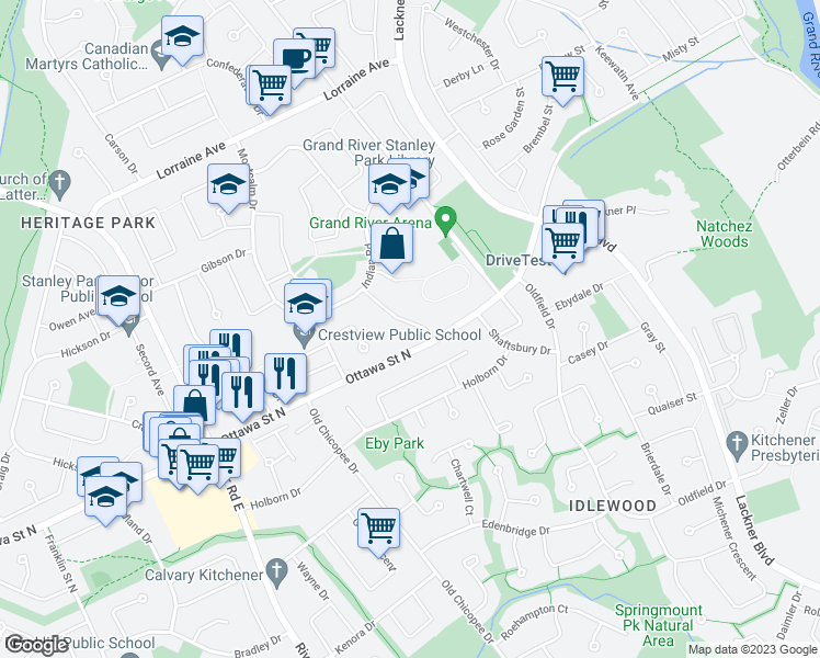 map of restaurants, bars, coffee shops, grocery stores, and more near 63 McGee Avenue in Kitchener