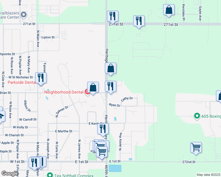 map of restaurants, bars, coffee shops, grocery stores, and more near E Brian St in Tea