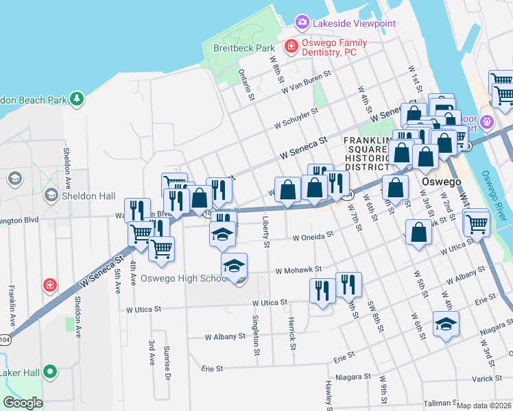 map of restaurants, bars, coffee shops, grocery stores, and more near 157 West Bridge Street in Oswego