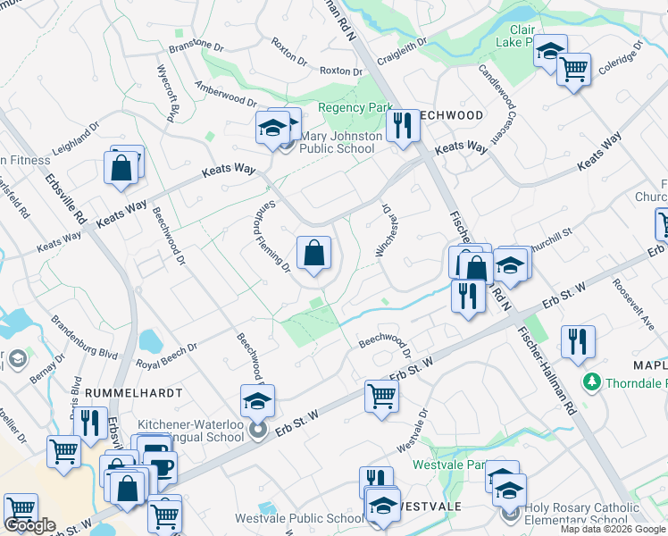 map of restaurants, bars, coffee shops, grocery stores, and more near 122 Sandford Fleming Drive in Waterloo