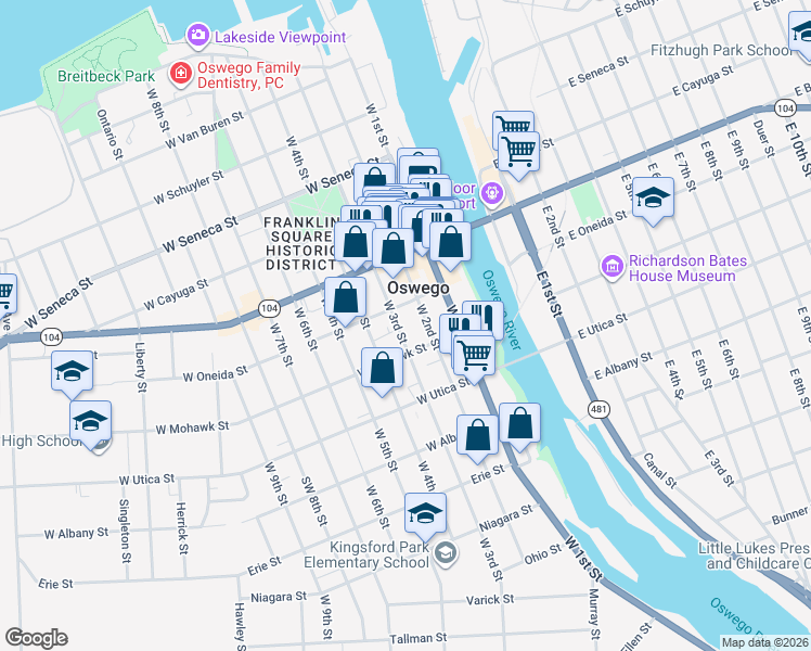 map of restaurants, bars, coffee shops, grocery stores, and more near 157 West 3rd Street in Oswego