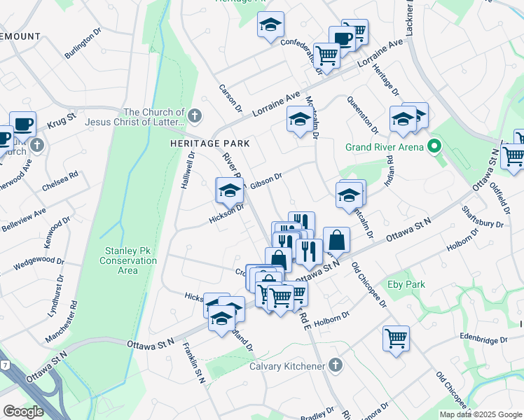 map of restaurants, bars, coffee shops, grocery stores, and more near 97 Secord Avenue in Kitchener