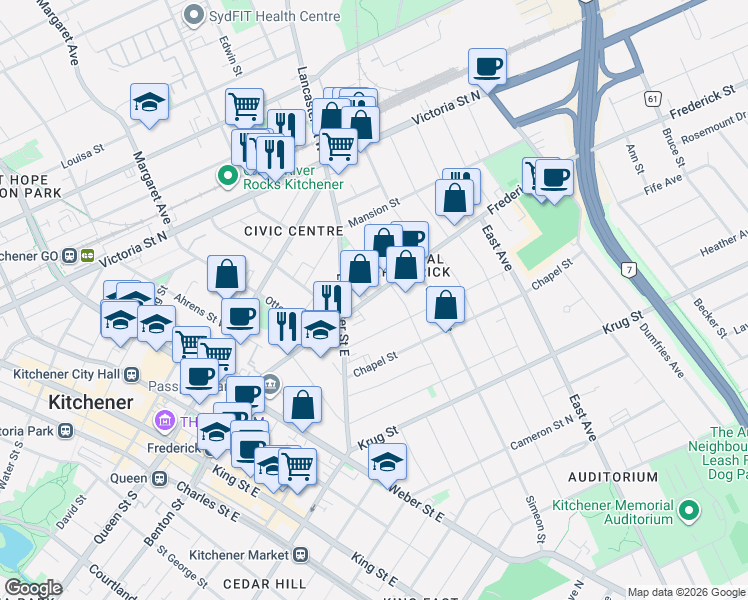 map of restaurants, bars, coffee shops, grocery stores, and more near 237 Frederick Street in Kitchener