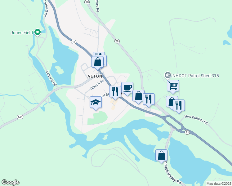 map of restaurants, bars, coffee shops, grocery stores, and more near New Hampshire 11 in Alton