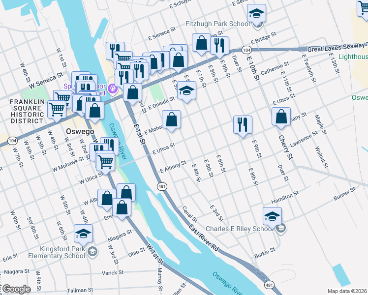map of restaurants, bars, coffee shops, grocery stores, and more near 49 East Utica Street in Oswego