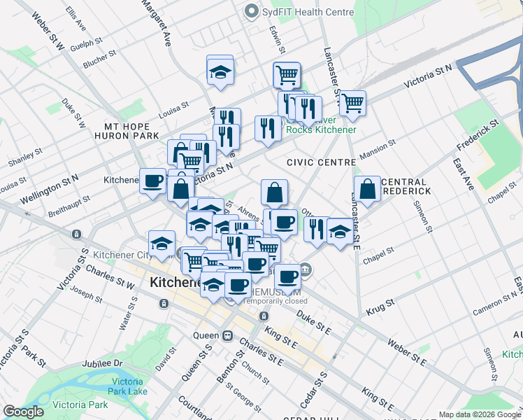 map of restaurants, bars, coffee shops, grocery stores, and more near 31 Margaret Avenue North in Waterloo