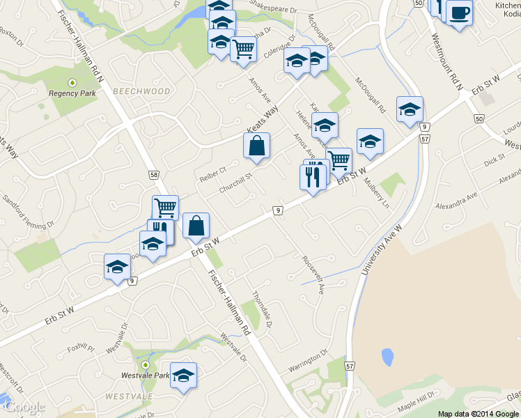 map of restaurants, bars, coffee shops, grocery stores, and more near 370 B Churchill Court in Waterloo