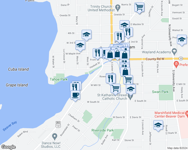 map of restaurants, bars, coffee shops, grocery stores, and more near 210 Madison Street in Beaver Dam