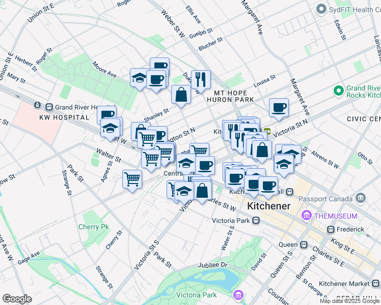 map of restaurants, bars, coffee shops, grocery stores, and more near 51 Breithaupt Street in Kitchener