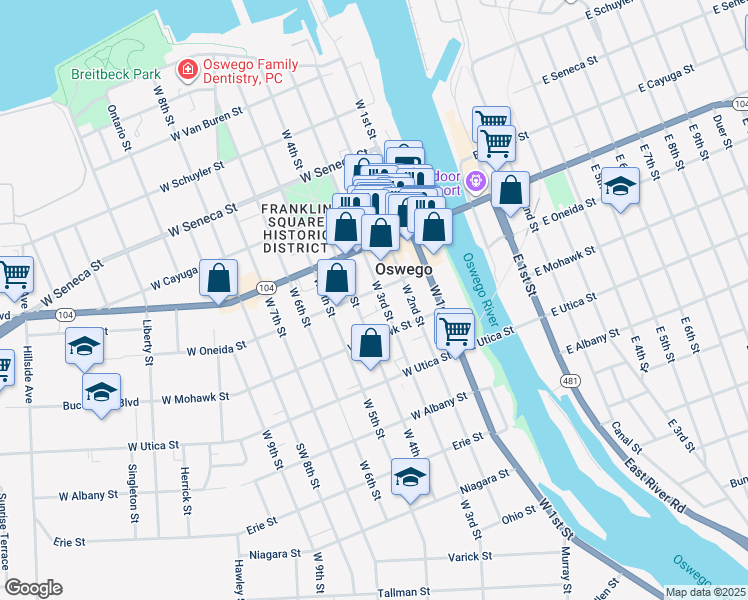 map of restaurants, bars, coffee shops, grocery stores, and more near 150 West 3rd Street in Oswego