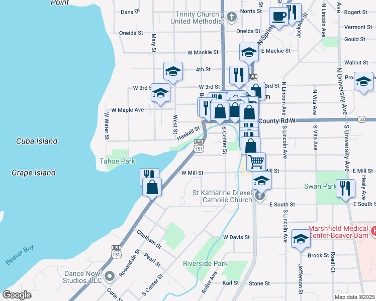 map of restaurants, bars, coffee shops, grocery stores, and more near 210 Madison Street in Beaver Dam
