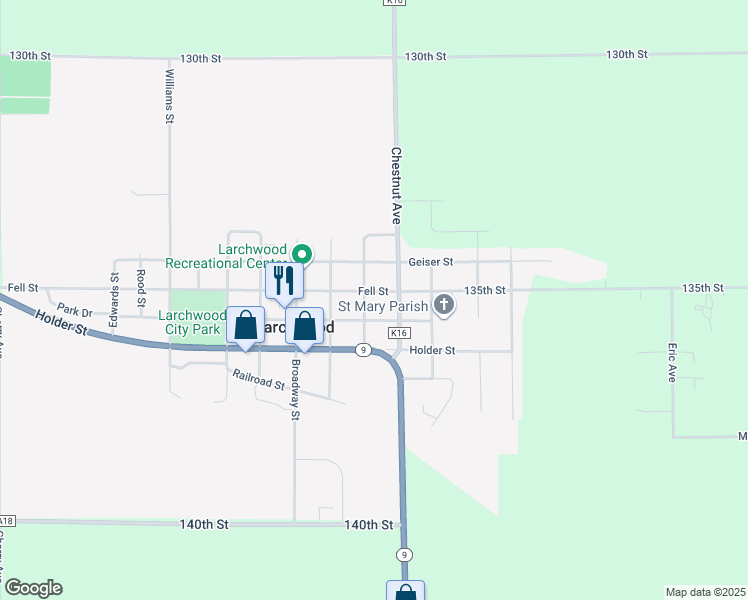 map of restaurants, bars, coffee shops, grocery stores, and more near 1207 Fell Street in Larchwood