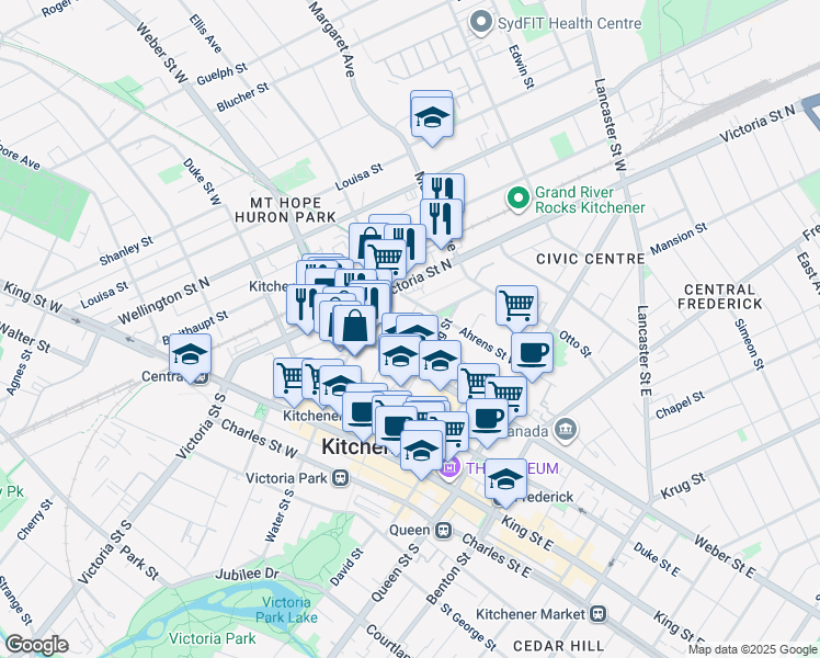 map of restaurants, bars, coffee shops, grocery stores, and more near 97 Ahrens Street West in Kitchener