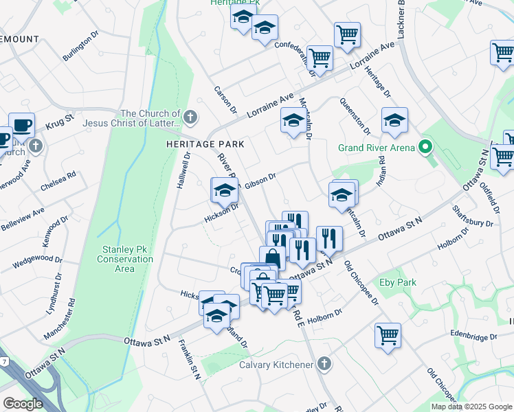 map of restaurants, bars, coffee shops, grocery stores, and more near 35 Breckenridge Drive in Kitchener