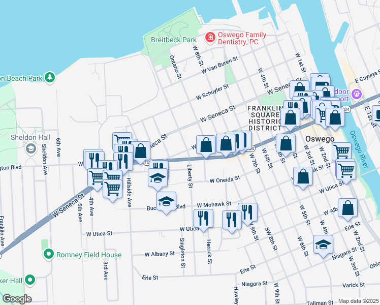 map of restaurants, bars, coffee shops, grocery stores, and more near 148 West Cayuga Street in Oswego