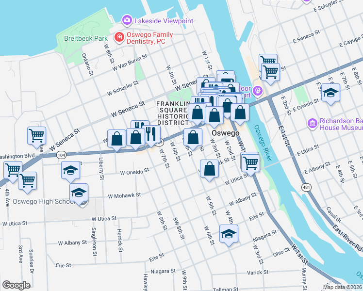 map of restaurants, bars, coffee shops, grocery stores, and more near 137 West 5th Street in Oswego