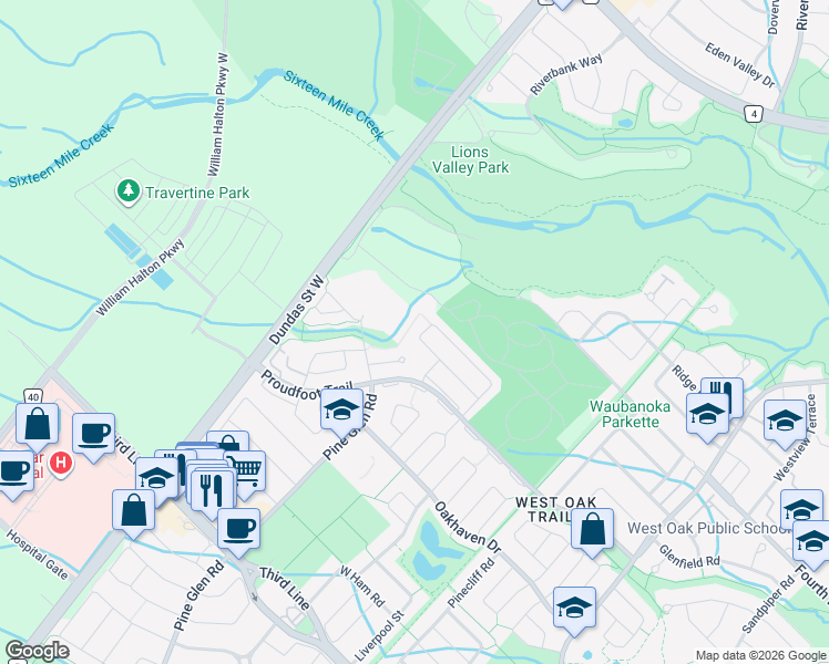 map of restaurants, bars, coffee shops, grocery stores, and more near 2489 Falkland Crescent in Oakville