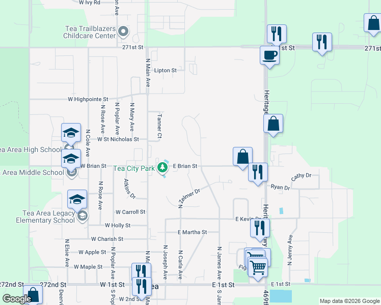 map of restaurants, bars, coffee shops, grocery stores, and more near 925 North James Avenue in Tea
