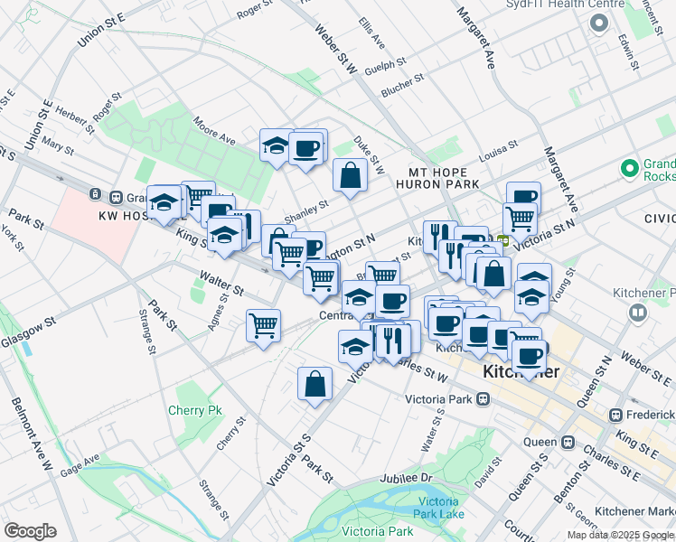 map of restaurants, bars, coffee shops, grocery stores, and more near 20 Breithaupt Street in Kitchener