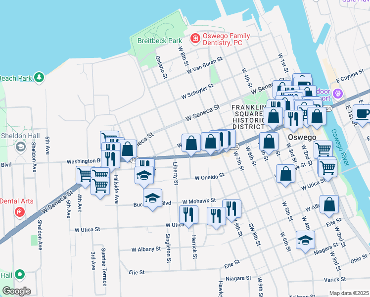map of restaurants, bars, coffee shops, grocery stores, and more near 122 West Cayuga Street in Oswego