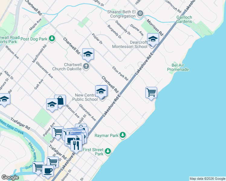 map of restaurants, bars, coffee shops, grocery stores, and more near 134 Chartwell Road in Oakville