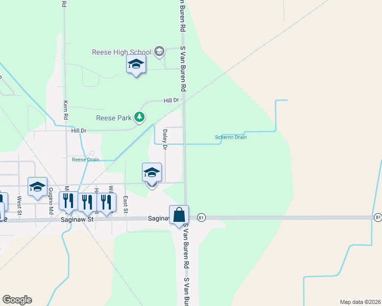 map of restaurants, bars, coffee shops, grocery stores, and more near 1851 South Van Buren Road in Reese