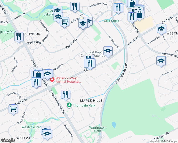 map of restaurants, bars, coffee shops, grocery stores, and more near 347 Erb Street West in Waterloo