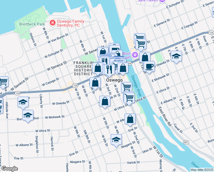 map of restaurants, bars, coffee shops, grocery stores, and more near 150 West 3rd Street in Oswego