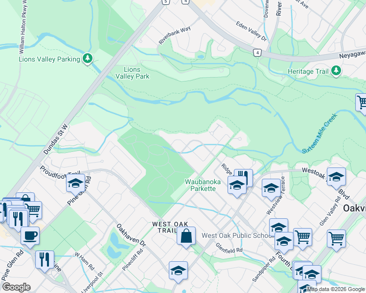 map of restaurants, bars, coffee shops, grocery stores, and more near 2324 Hilltop Lane in Oakville