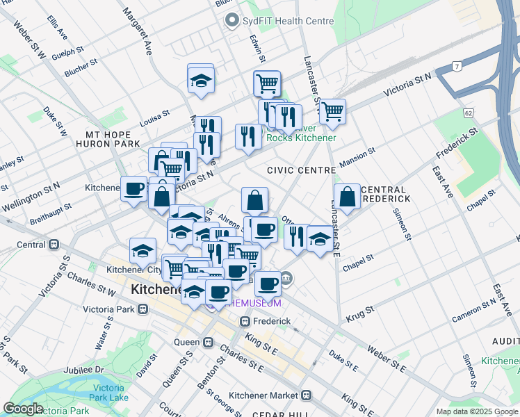 map of restaurants, bars, coffee shops, grocery stores, and more near 11 Margaret Avenue in Kitchener