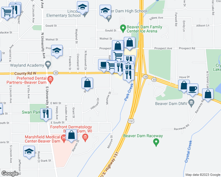 map of restaurants, bars, coffee shops, grocery stores, and more near 205 Monroe Street in Beaver Dam