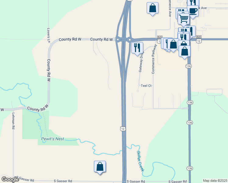 map of restaurants, bars, coffee shops, grocery stores, and more near 1031 Spencer Court in Baraboo