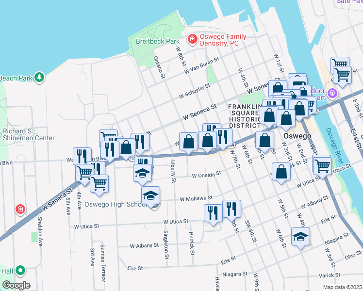 map of restaurants, bars, coffee shops, grocery stores, and more near 145 West Cayuga Street in Oswego