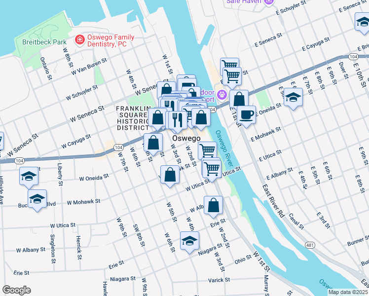 map of restaurants, bars, coffee shops, grocery stores, and more near in Oswego