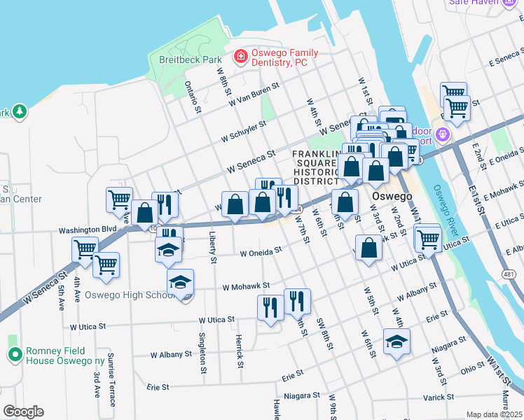 map of restaurants, bars, coffee shops, grocery stores, and more near 118 West 8th Street in Oswego