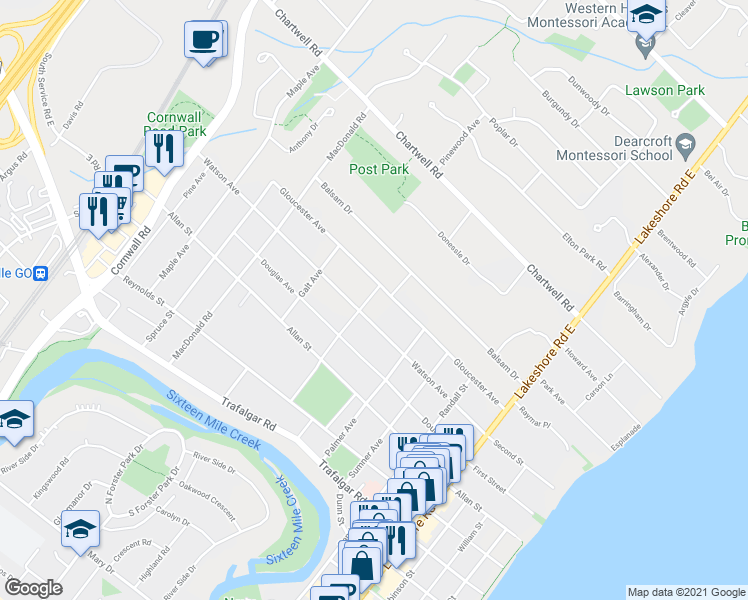 map of restaurants, bars, coffee shops, grocery stores, and more near 428 Sheddon Avenue in Oakville