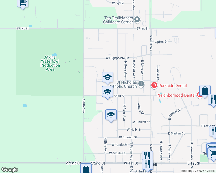 map of restaurants, bars, coffee shops, grocery stores, and more near 500 West Brian Street in Tea