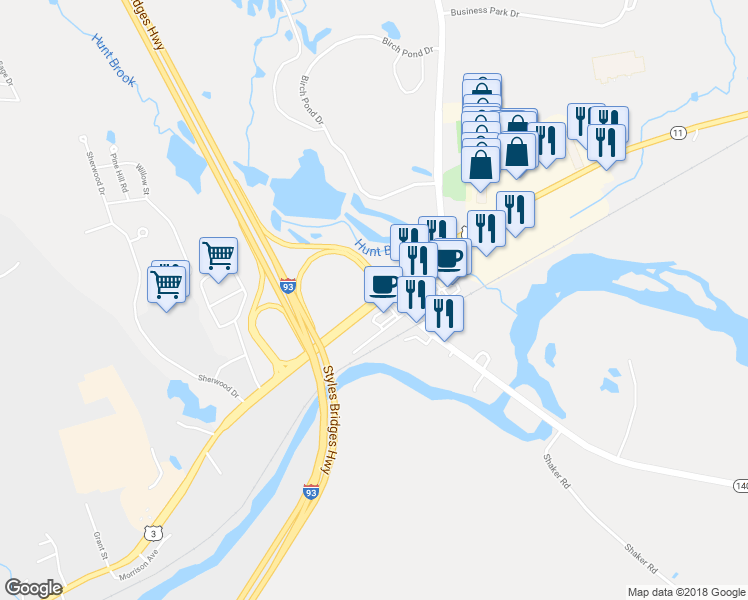 map of restaurants, bars, coffee shops, grocery stores, and more near 22 Laconia Road in Tilton