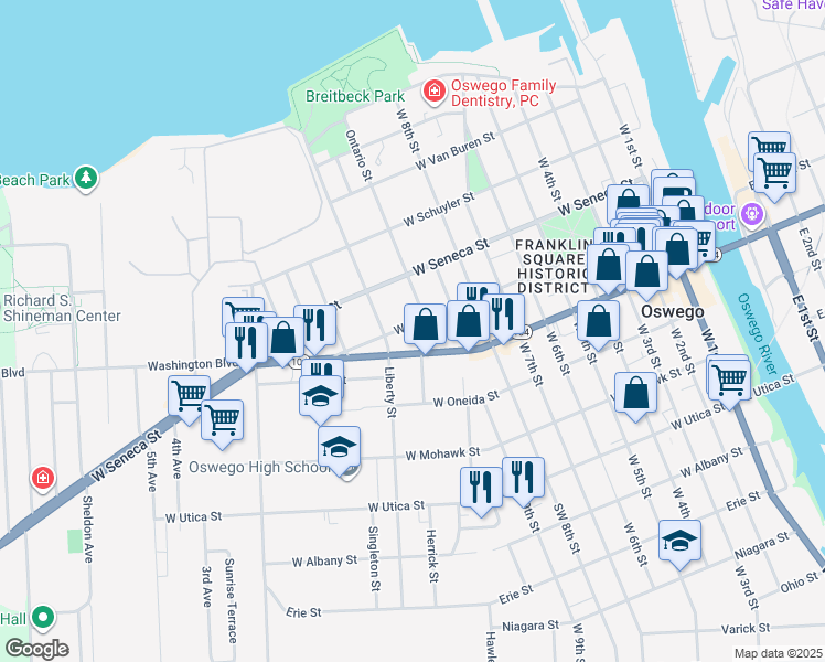 map of restaurants, bars, coffee shops, grocery stores, and more near 122 West Cayuga Street in Oswego
