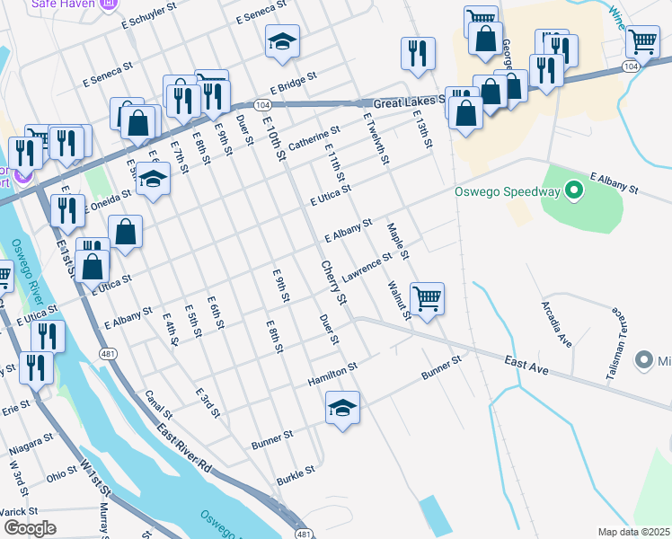 map of restaurants, bars, coffee shops, grocery stores, and more near 280 Cherry Street in Oswego